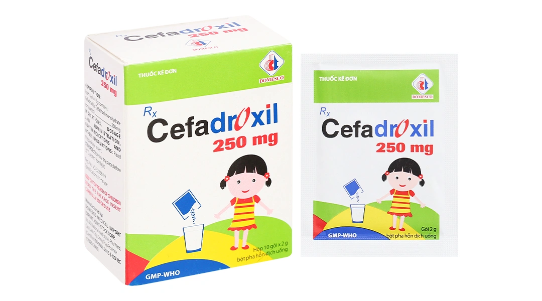 Bột pha hỗn dịch uống Cefadroxil Domesco 250mg trị nhiễm khuẩn (10 gói x 2g) - 