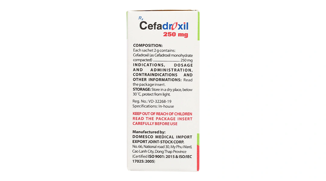 Bột pha hỗn dịch uống Cefadroxil Domesco 250mg trị nhiễm khuẩn (10 gói x 2g) - 3
