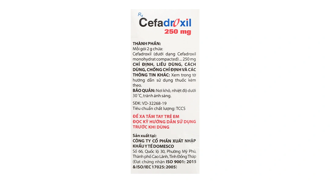 Bột pha hỗn dịch uống Cefadroxil Domesco 250mg trị nhiễm khuẩn (10 gói x 2g) - 4