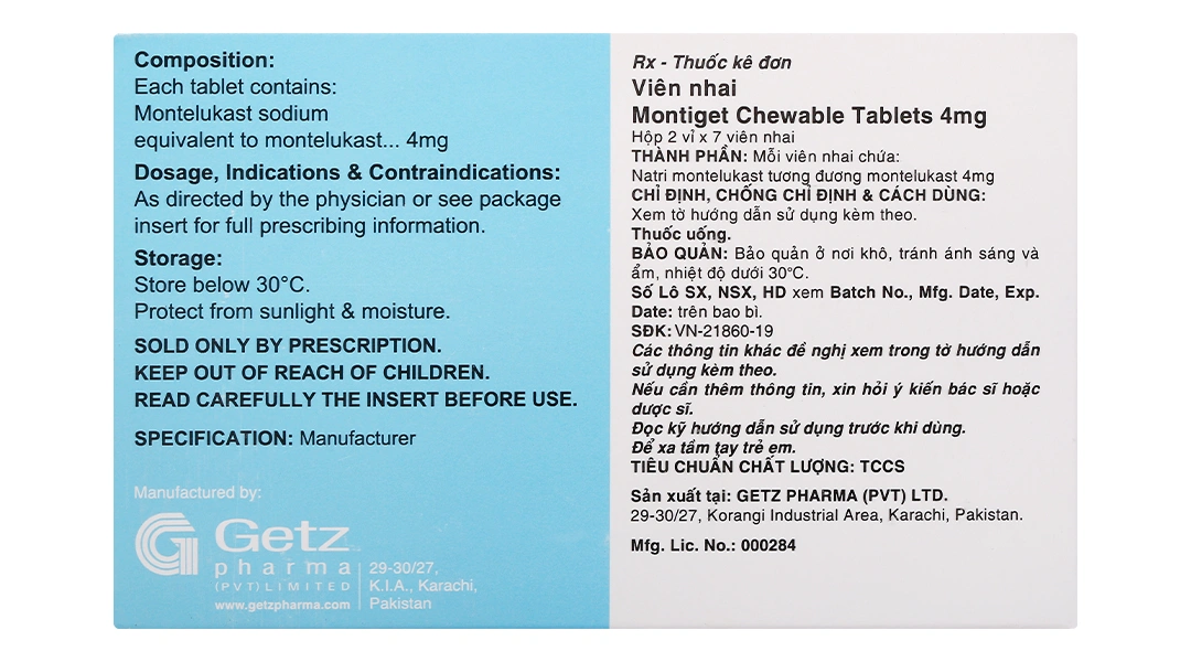 Viên nhai Montiget 4mg phòng và trị hen suyễn (2 vỉ x 7 viên) - 1