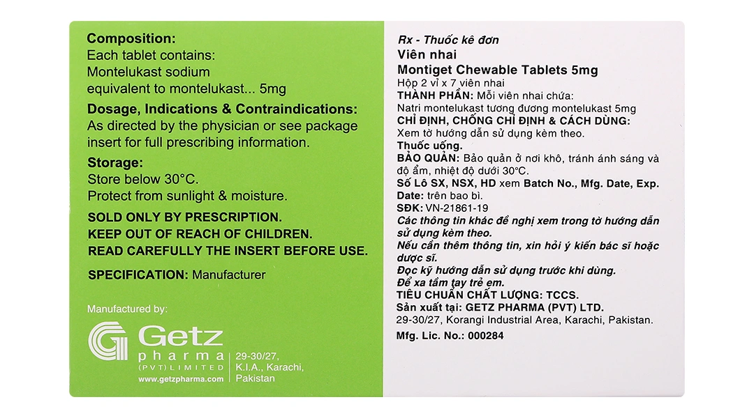 Viên nhai Montiget 5mg phòng ngừa và trị hen suyễn (2 vỉ x 7 viên) - 1