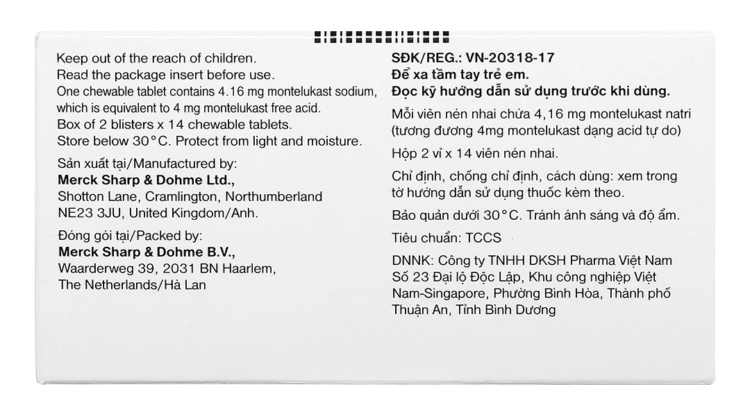 Viên nhai Singulair 4mg dự phòng và trị hen suyễn (2 vỉ x 14 viên) - 1