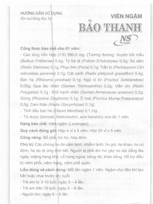 Viên ngậm Bảo Thanh không đường trị ho, bổ phế (20 vỉ x 5 viên) - 8