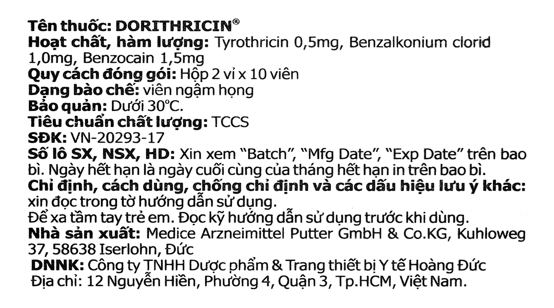 Viên ngậm Dorithricin trị viêm họng, đau họng (2 vỉ x 10 viên) - 15