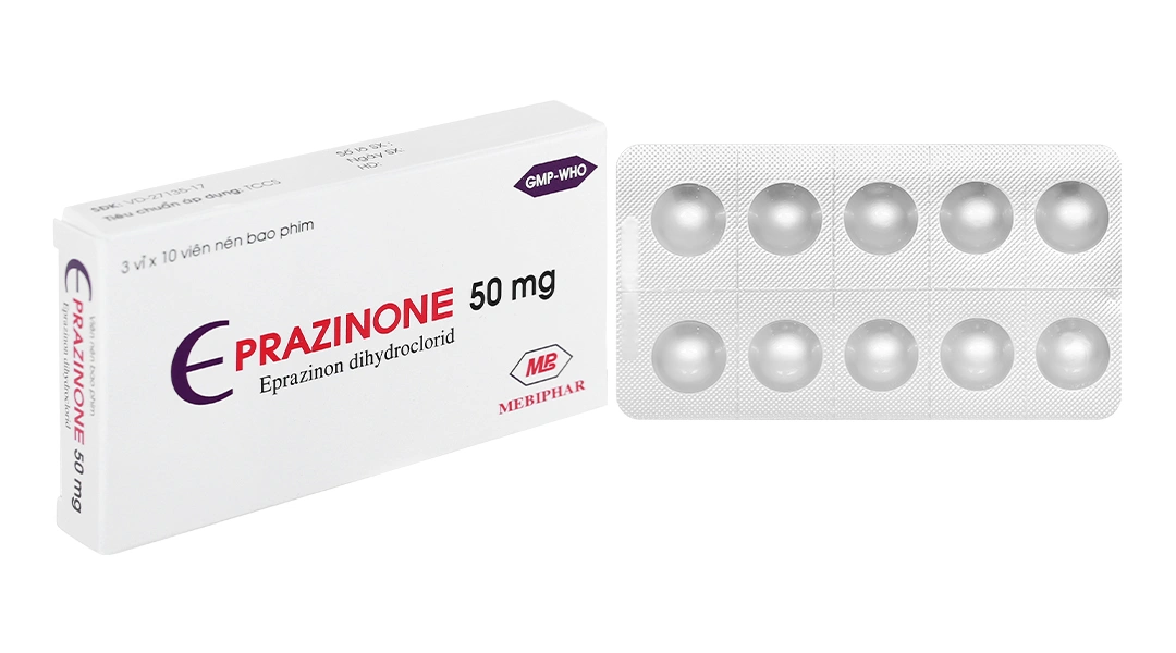Eprazinone Mebiphar 50mg trị viêm phế quản, suy hô hấp, viêm mũi (3 vỉ x 10 viên) - 