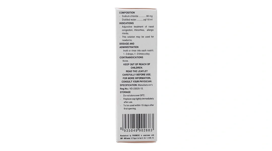 Dung dịch nhỏ mũi Natri Clorid Pharmedic 0.9% hỗ trợ trị nghẹt mũi, sổ mũi chai 10ml - 3