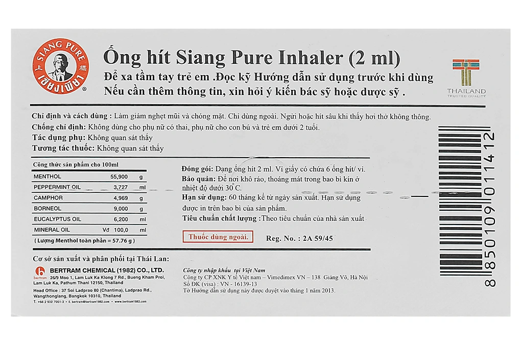 Ống hít Siang Pure Inhaler trị cảm cúm, nghẹt mũi ống 2 ml - 1