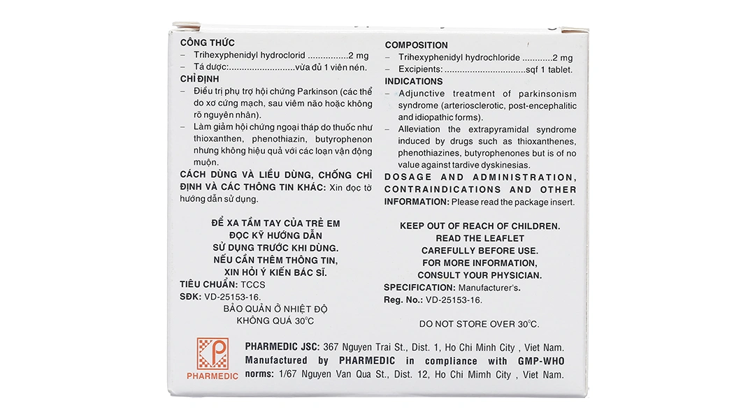Trihexyphenidyl 2mg trị phụ trợ hội chứng Parkinson (5 vỉ x 20 viên) - 1