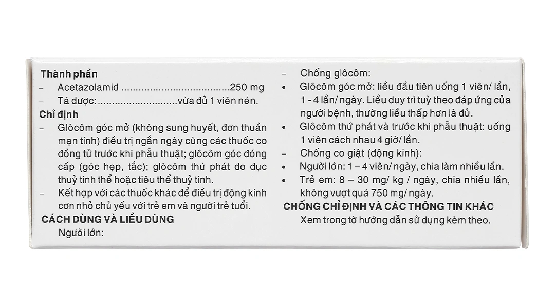 Acetazolamid Pharmedic 250mg trị glôcôm, động kinh nhẹ (10 vỉ x 10 viên) - 2