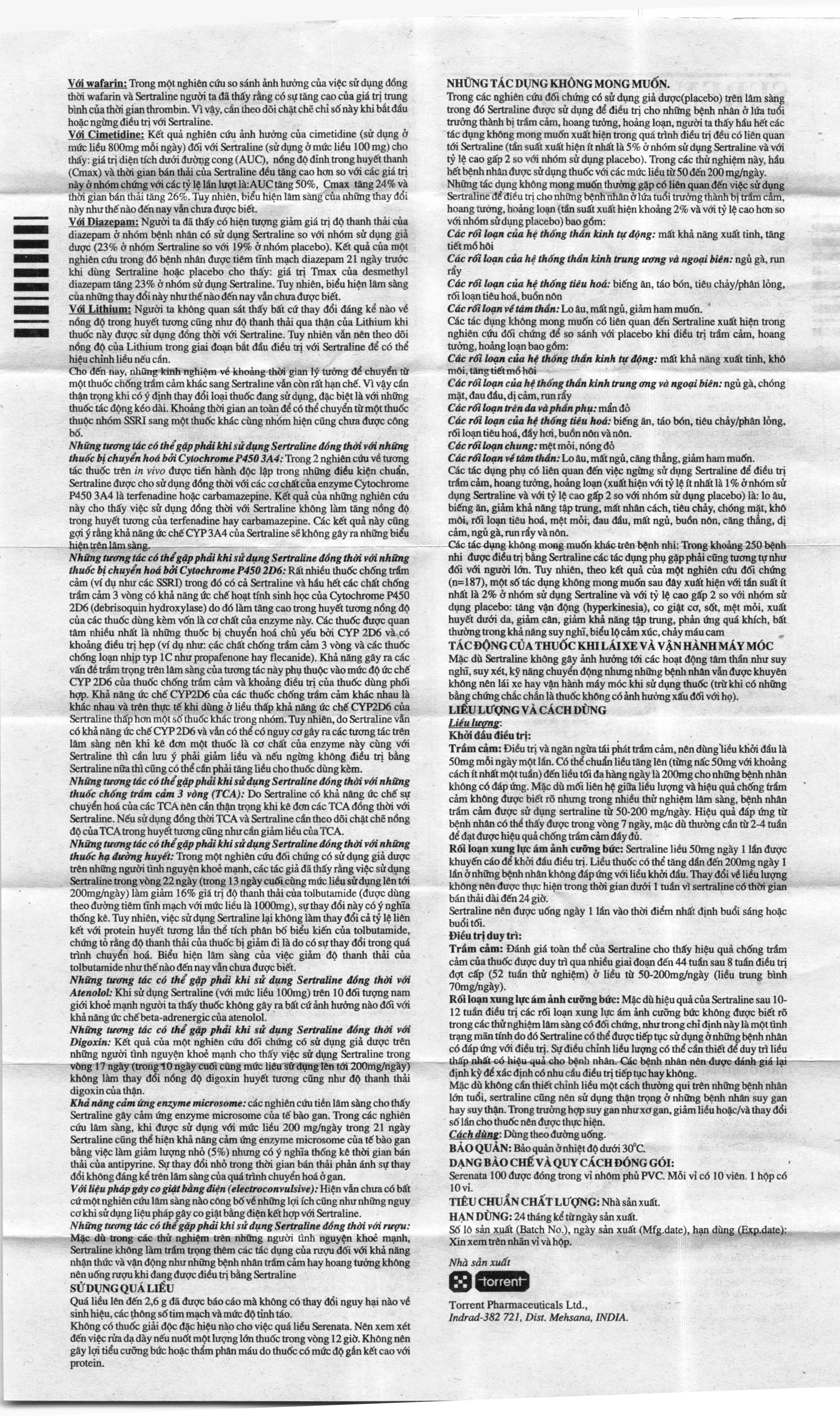 Serenata-100 trị trầm cảm, rối loạn xung lực ám ảnh cưỡng chế (10 vỉ x 10 viên) - 4