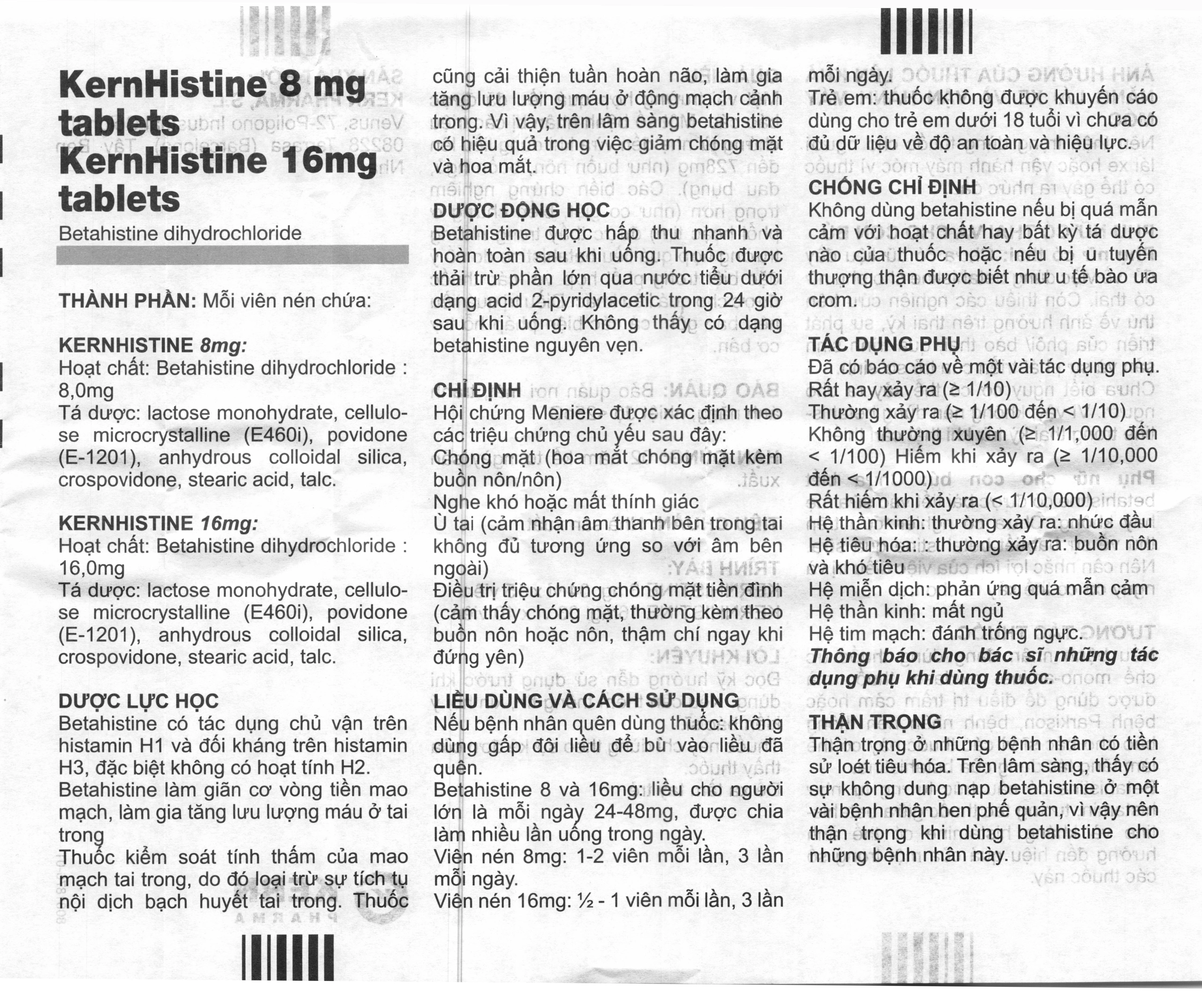KernHistine 16mg tablets trị chóng mặt, rối loạn tiền đình (3 vỉ x 10 viên) - 5