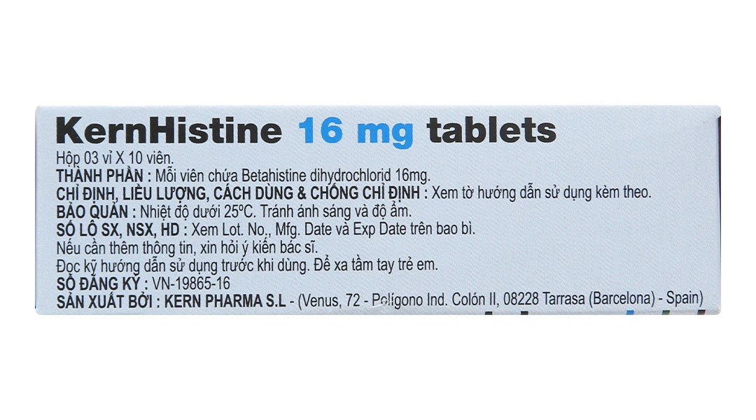 KernHistine 16mg tablets trị chóng mặt, rối loạn tiền đình (3 vỉ x 10 viên) - 3