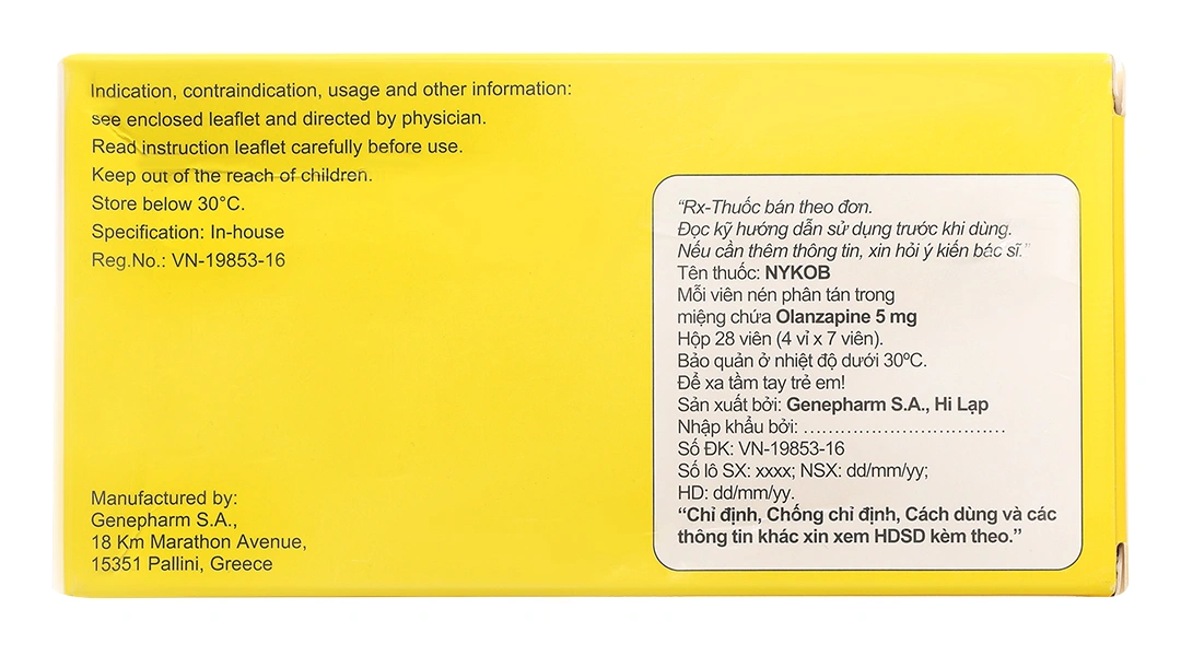 Nykob 5mg trị tâm thần phân liệt, rối loạn lưỡng cực (4 vỉ x 7 viên) - 1