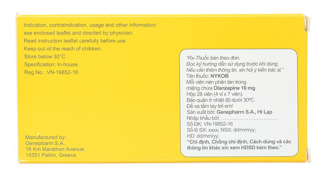 Nykob 10mg trị tâm thần phân liệt, rối loạn lưỡng cực (4 vỉ x 7 viên) - 2