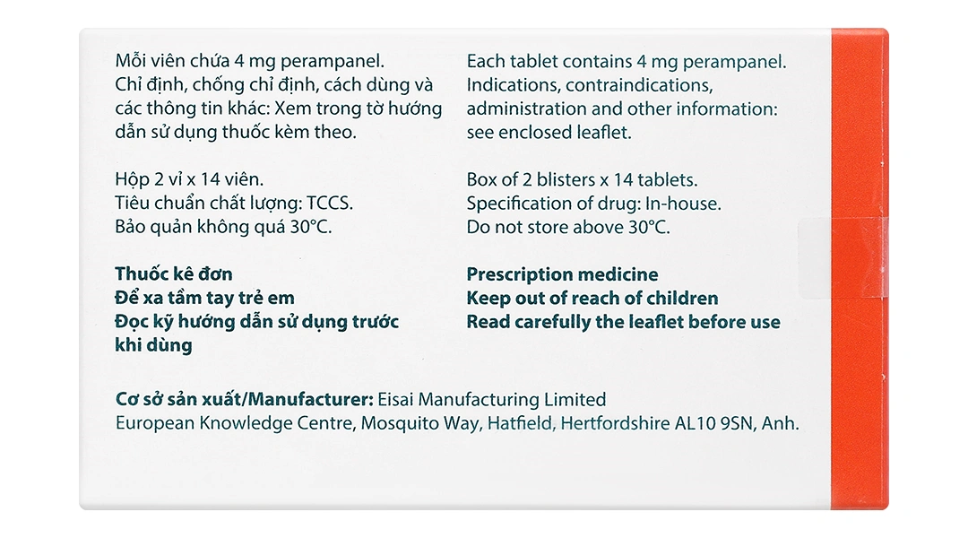 Fycompa 4mg điều trị bổ trợ cơn động kinh khởi phát cục bộ (2 vỉ x 14 viên) - 1