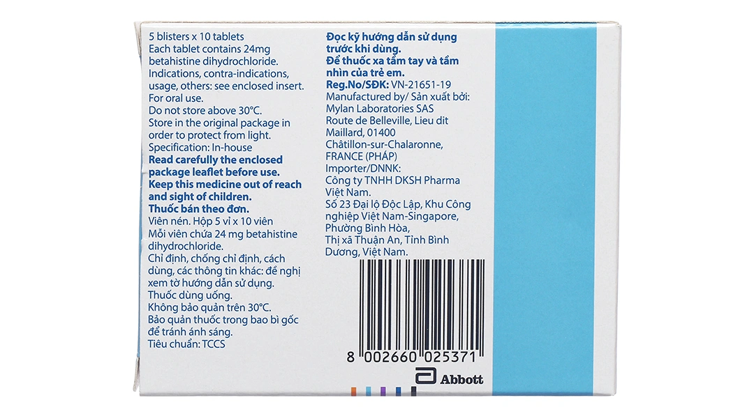 Betaserc 24mg trị ù tai, chóng mặt tiền đình (5 vỉ x 10 viên) - 4