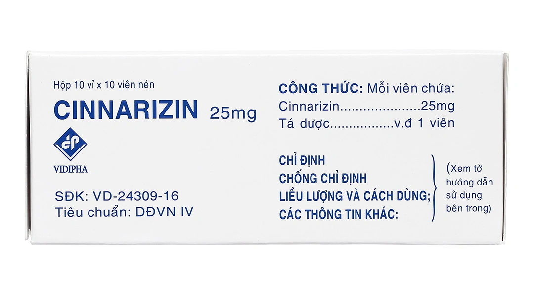 Cinnarizin Vidipha 25mg trị rối loạn tiền đình, chống say xe (10 vỉ x 10 viên) - 2