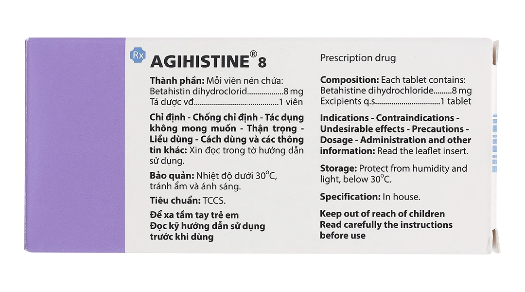 Agihistine 8 trị hội chứng hội chứng Ménière (5 vỉ x 20 viên) - 1