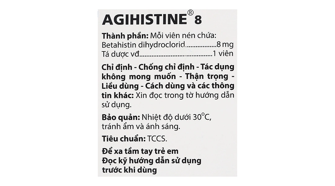 Agihistine 8 trị hội chứng hội chứng Ménière (5 vỉ x 20 viên) - 4