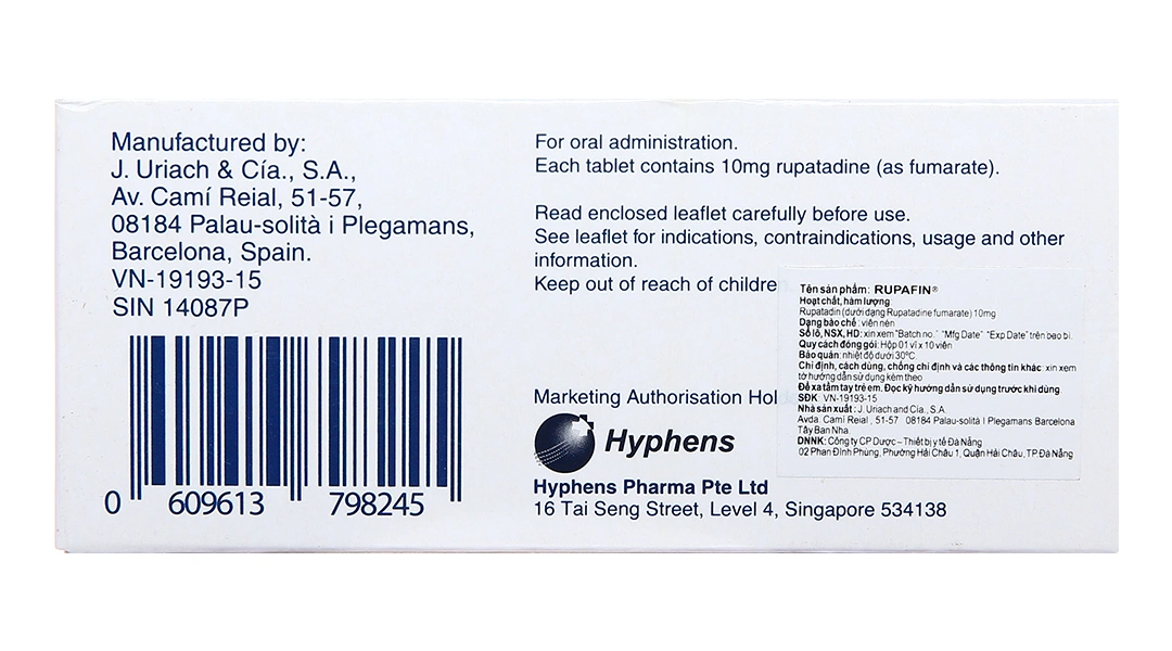 Rupafin 10mg trị viêm mũi dị ứng, mề đay (1 vỉ x 10 viên) - 2