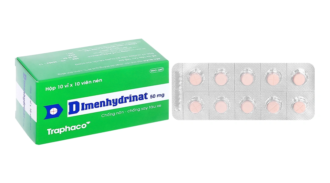 Dimenhydrinat Traphaco 50mg trị triệu chứng nôn, chóng mặt, say xe (10 vỉ x 10 viên) - 