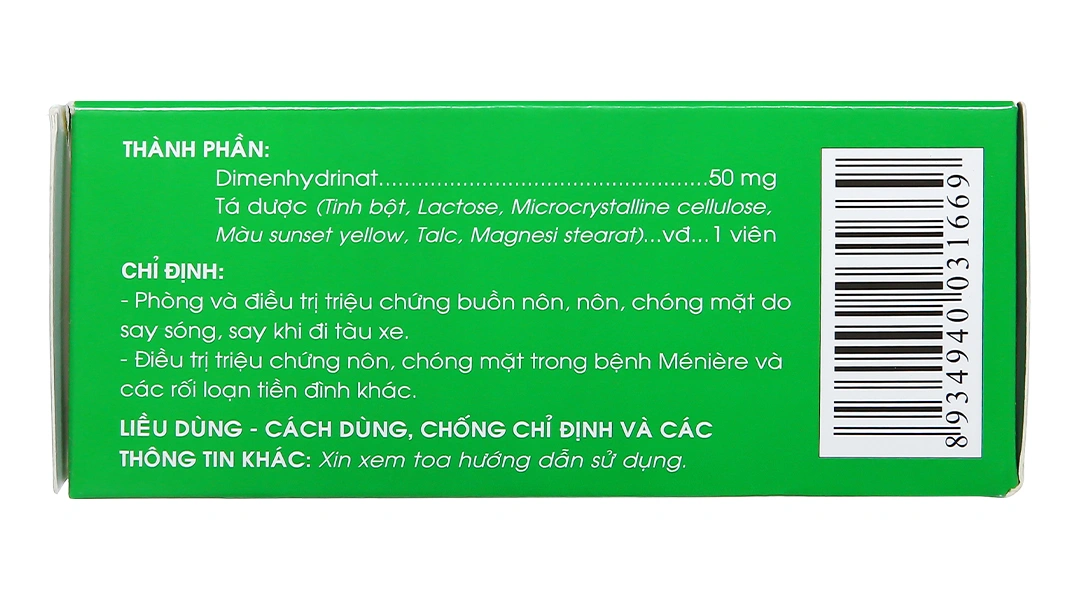 Dimenhydrinat Traphaco 50mg trị triệu chứng nôn, chóng mặt, say xe (10 vỉ x 10 viên) - 3