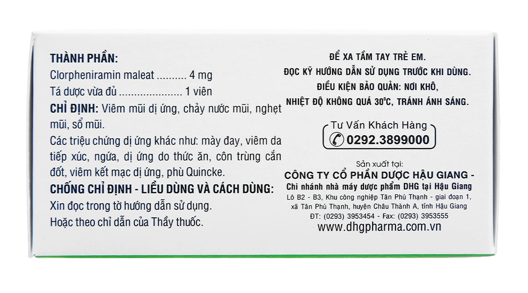 Clorpheniramin 4 DHG Pharma trị viêm mũi dị ứng, mày đay (10 vỉ x 20 viên) - 2