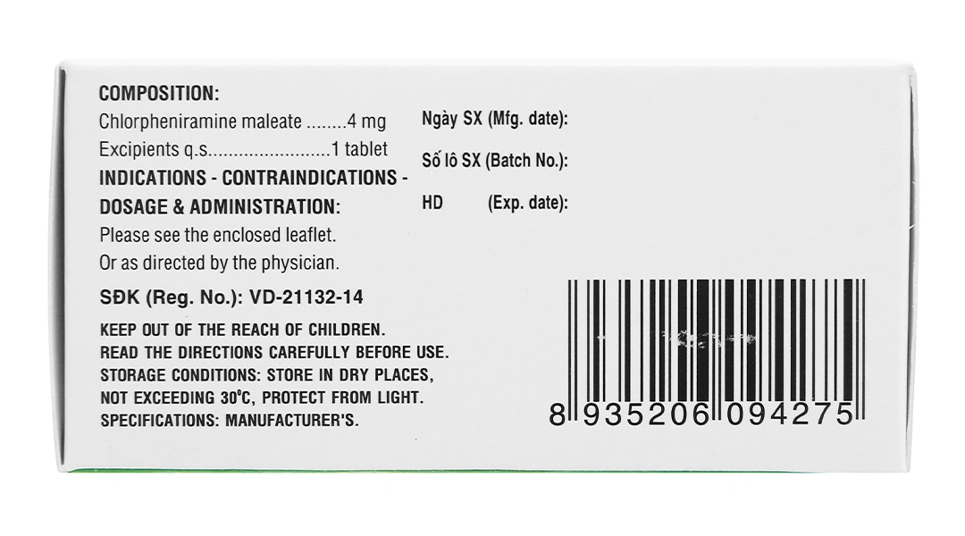 Clorpheniramin 4 DHG Pharma trị viêm mũi dị ứng, mày đay (10 vỉ x 20 viên) - 3
