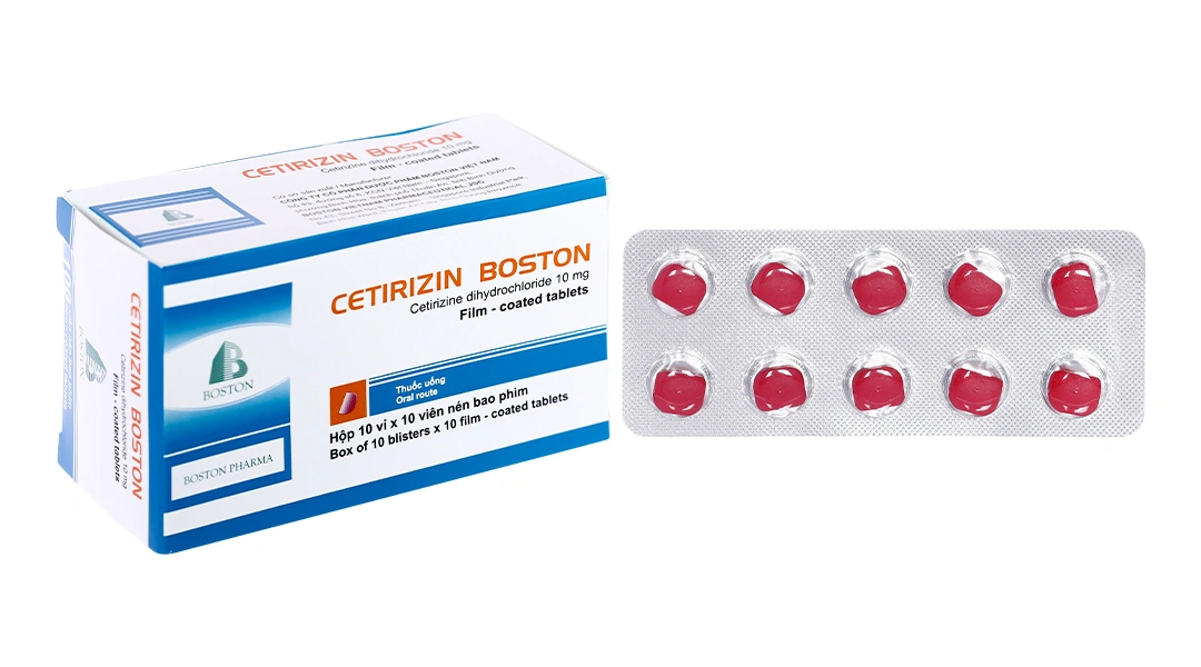 Cetirizin Boston 10mg giảm triệu chứng viêm mũi dị ứng, mày đay (10 vỉ x 10 viên) - 
