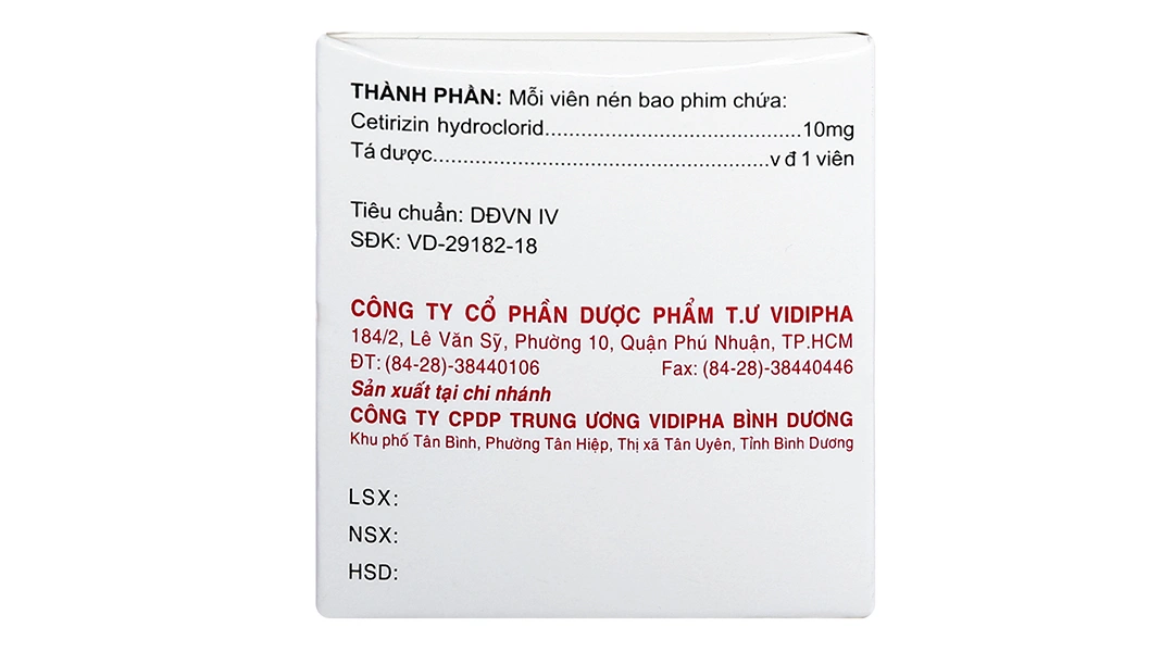 Cetirizin Vidipha 10mg trị viêm mũi dị ứng, mề đay (10 vỉ x 10 viên) - 2