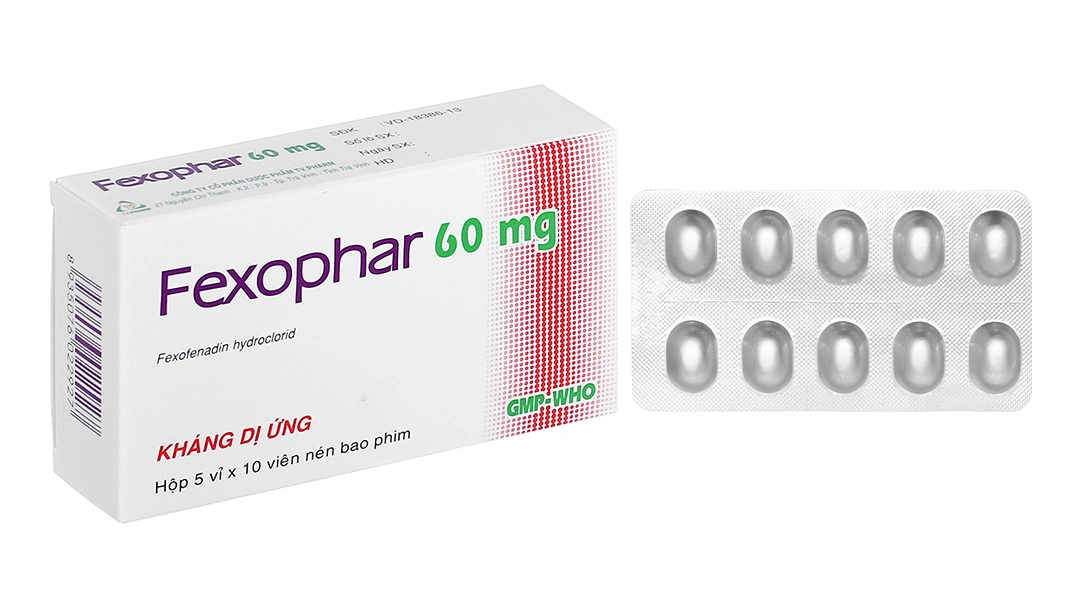Fexophar 60mg trị viêm mũi dị ứng, dị ứng da, nổi mề đay (5 vỉ x 10 viên) - 