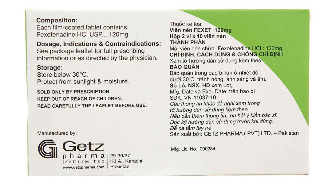 Fexet 120mg trị viêm mũi dị ứng theo mùa, nổi mày đay tự phát mãn tính (2 vỉ x 10 viên) - 1