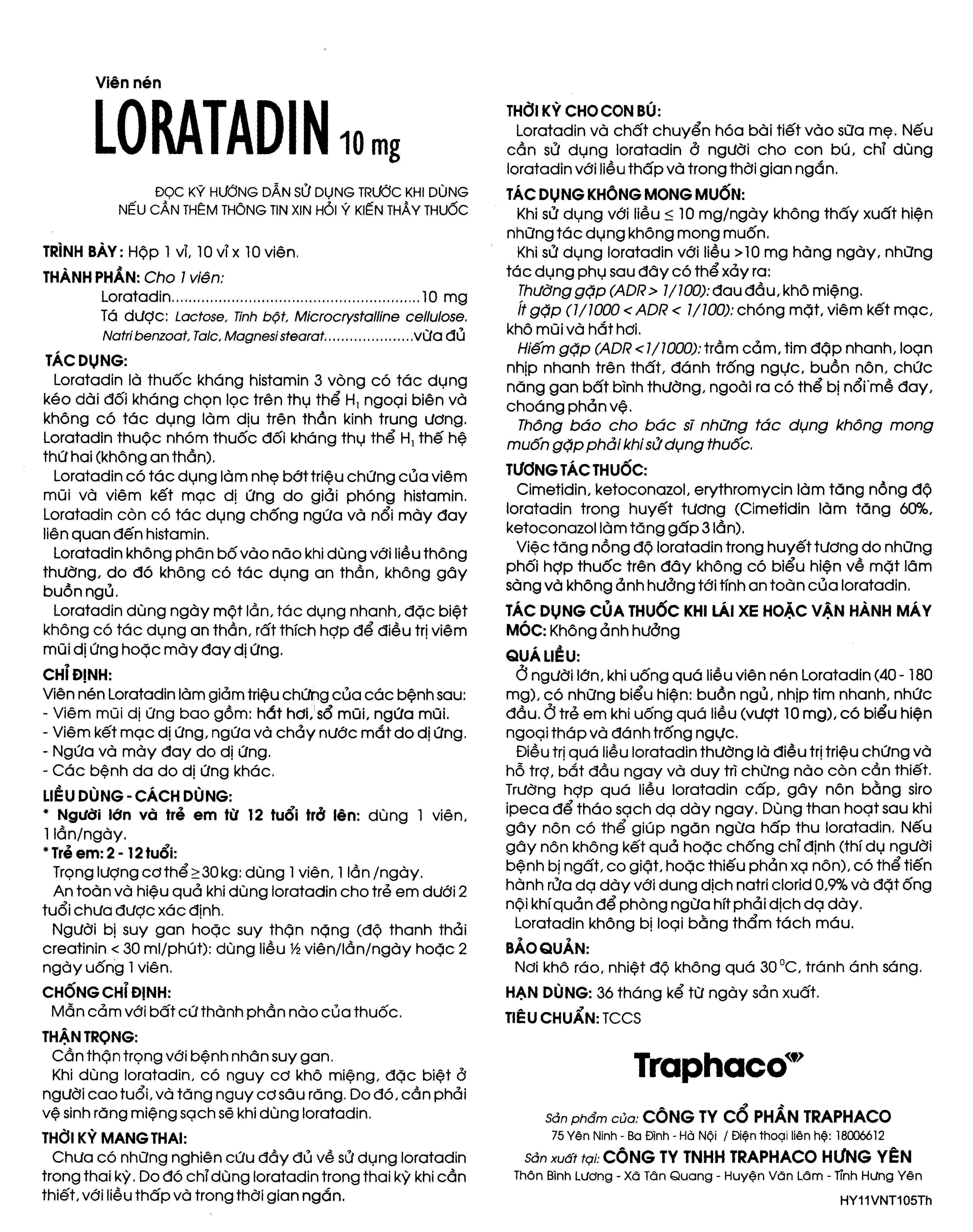 Loratadin 10mg Traphaco trị viêm mũi dị ứng, mày đay (1 vỉ x 10 viên) - 4