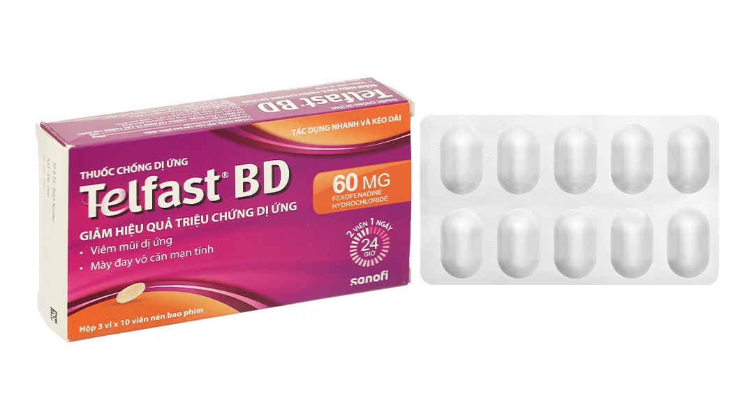 Telfast BD 60mg trị viêm mũi dị ứng, mày đay vô căn mạn tính (3 vỉ x 10 viên) - 