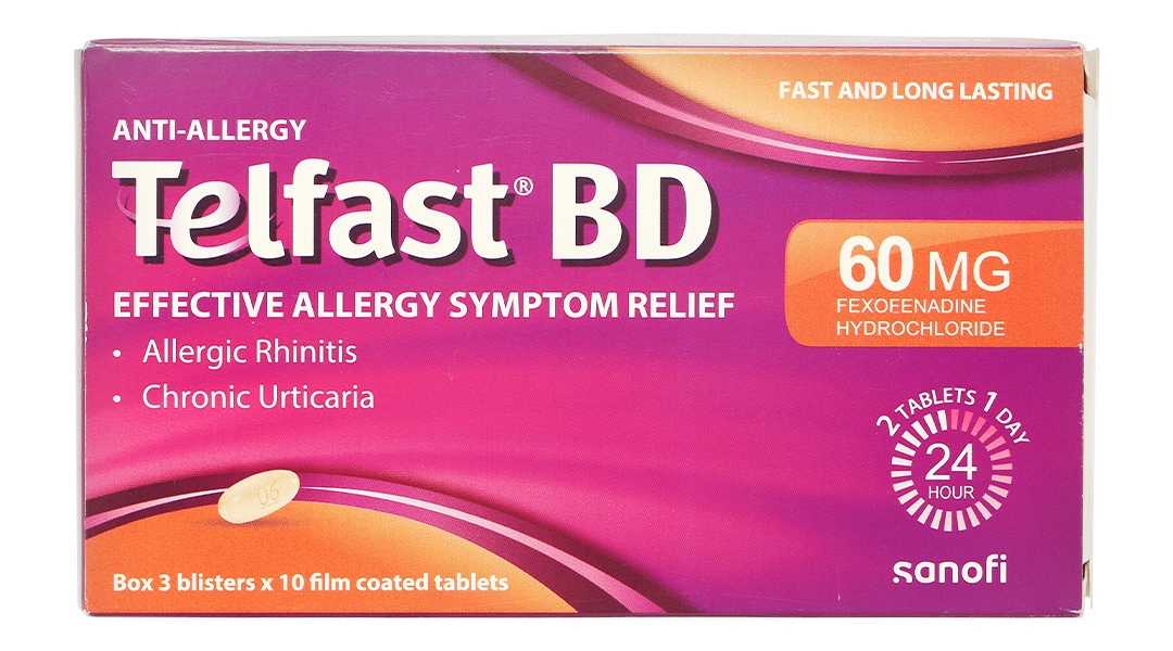 Telfast BD 60mg trị viêm mũi dị ứng, mày đay vô căn mạn tính (3 vỉ x 10 viên) - 1
