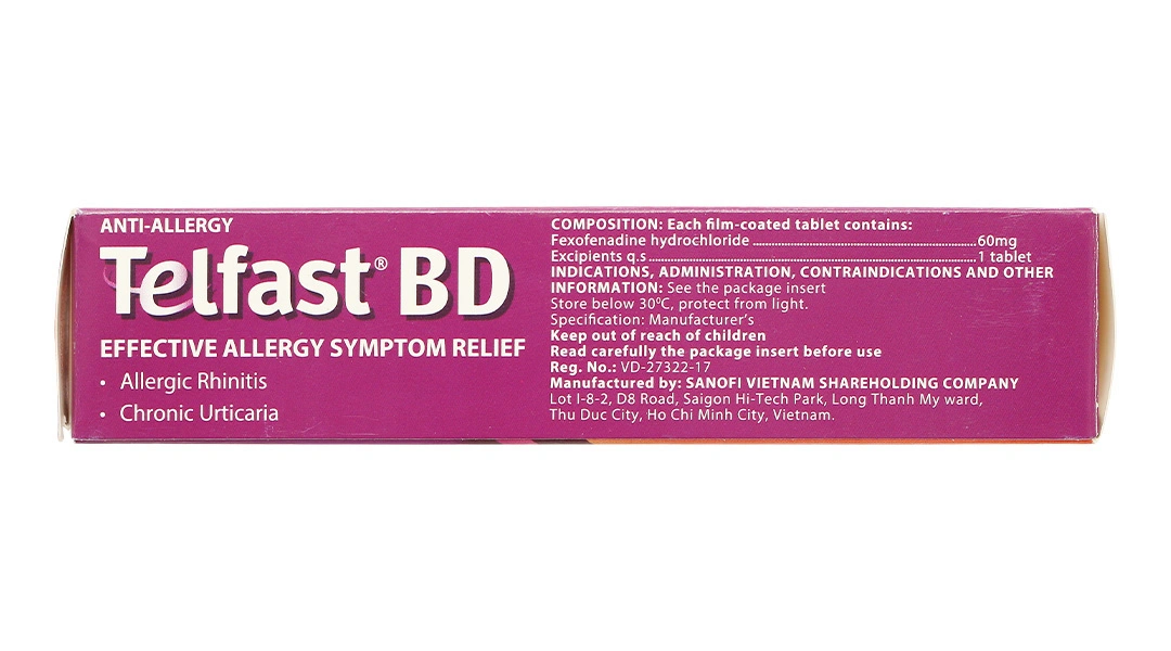 Telfast BD 60mg trị viêm mũi dị ứng, mày đay vô căn mạn tính (3 vỉ x 10 viên) - 2