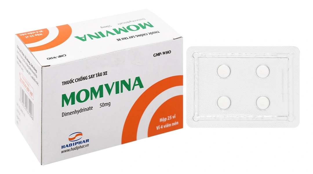 Momvina 50mg phòng và trị buồn nôn, say xe (25 vỉ x 4 viên) - 