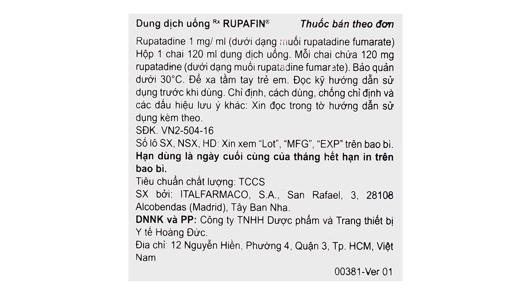 Dung dịch uống Rupafin 1mg/ml trị triệu chứng viêm mũi dị ứng, mề đay chai 120ml - 5