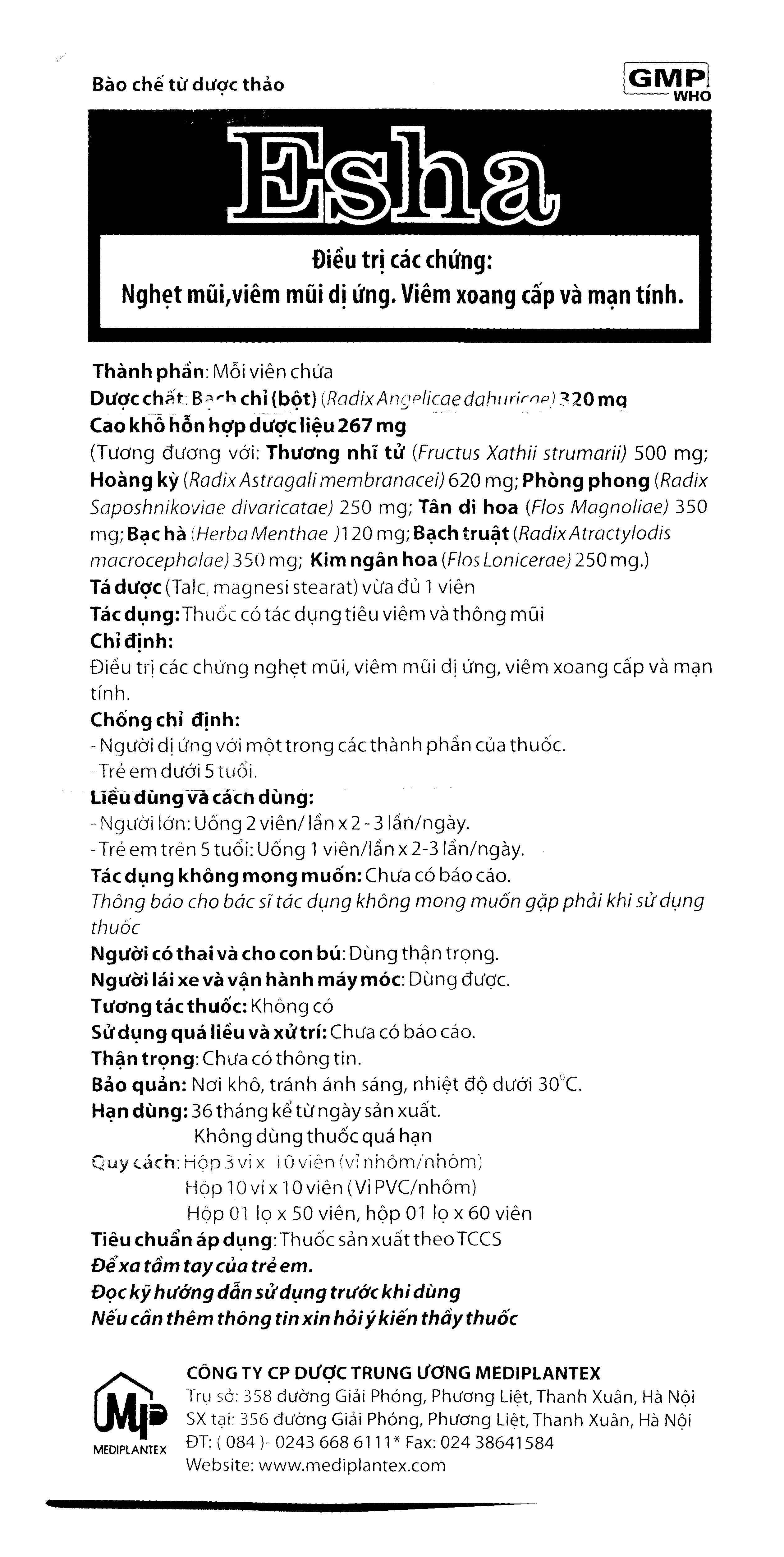 Esha trị viêm xoang, viêm mũi dị ứng lọ 50 viên - 3