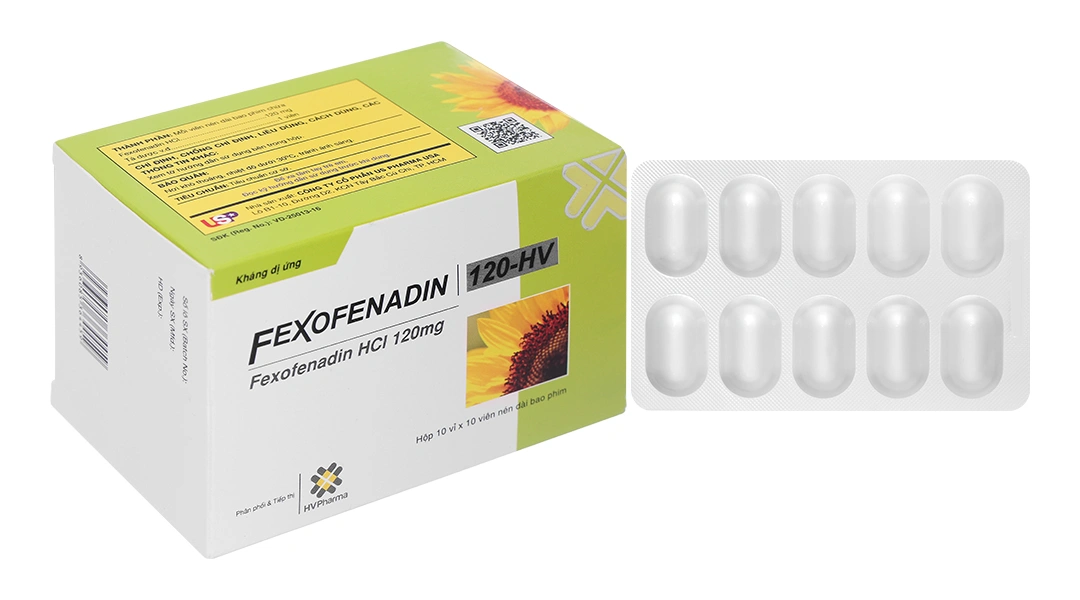 Fexofenadin 120-HV giảm triệu chứng của bệnh viêm mũi dị ứng (10 vỉ x 10 viên) - 