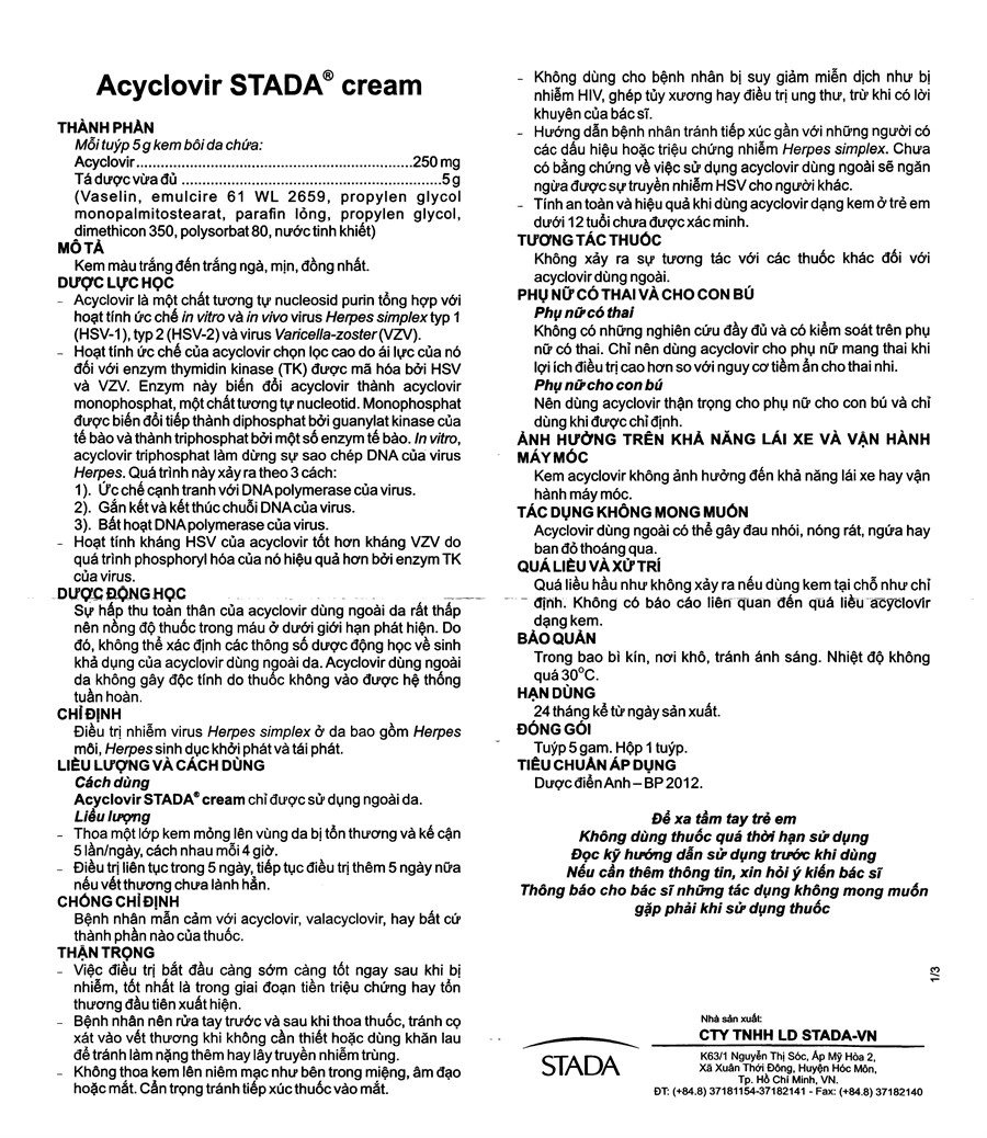 Acyclovir Stella Cream điều trị nhiễm virus Herpes simplex da tuýp 5g - 6