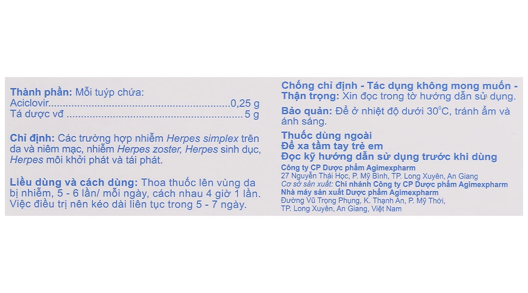 Agiclovir 5% trị các trường hợp nhiễm Herpes ở da và niêm mạc tuýp 5g - 5