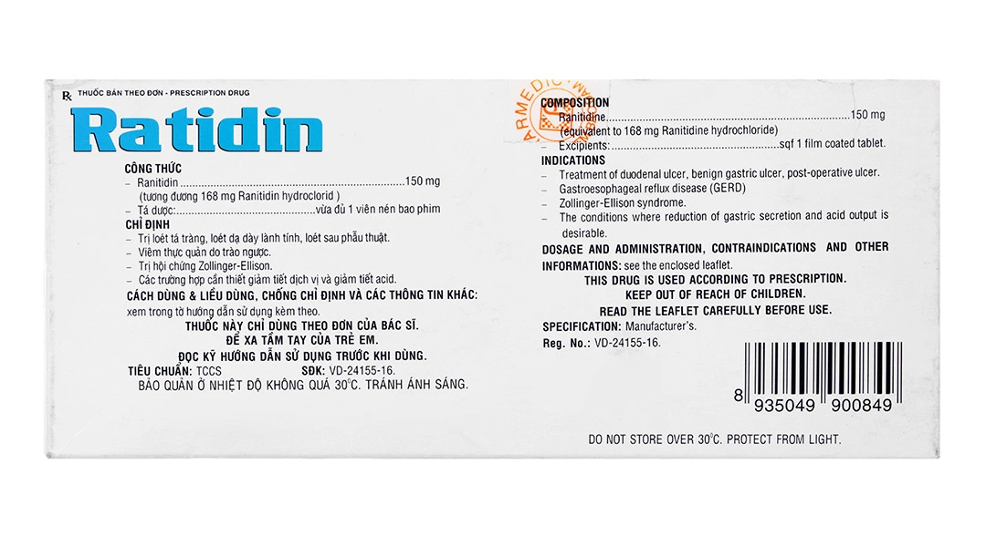 Ratidin 150mg trị viêm loét, trào ngược dạ dày, tá tràng (10 vỉ x 10 viên) - 1