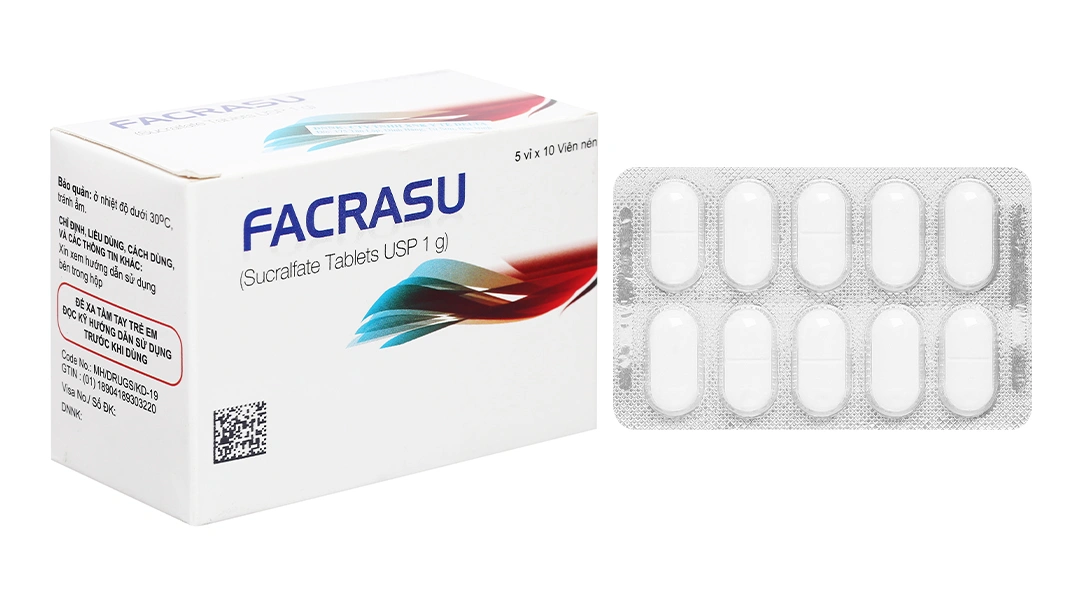 Facrasu 1g trị loét dạ dày, tá tràng, trào ngược dạ dày - thực quản (5 vỉ x 10 viên) - 