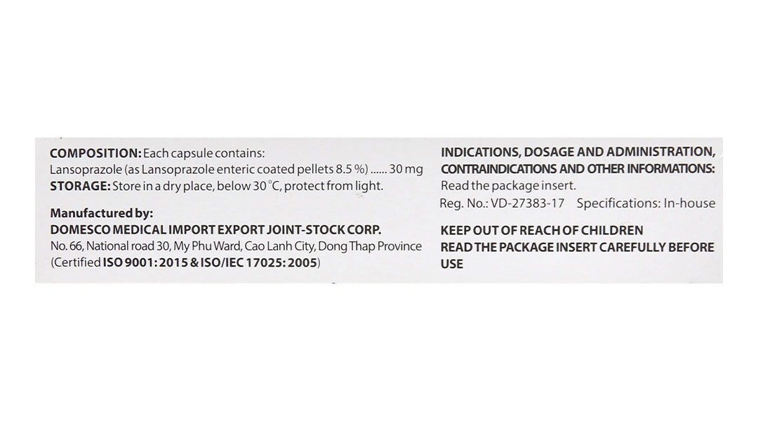 Lansoprazol Domesco 30mg trị trào ngược dạ dày, thực quản (3 vỉ x 10 viên) - 4
