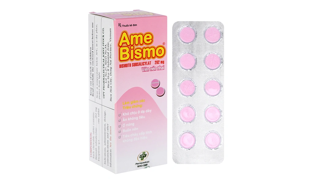 Viên nhai AmeBismo 262mg trị rối loạn tiêu hóa (6 vỉ x 10 viên) - 