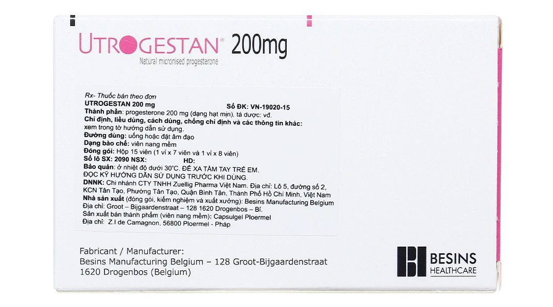 Utrogestan 200mg trị các rối loạn do thiếu progesterone (1 vỉ x 7 viên + 1 vỉ x 8 viên) - 1