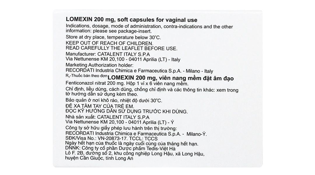 Viên đặt âm đạo Lomexin 200mg trị nhiễm nấm Candida âm hộ - âm đạo (1 vỉ x 6 viên) - 1