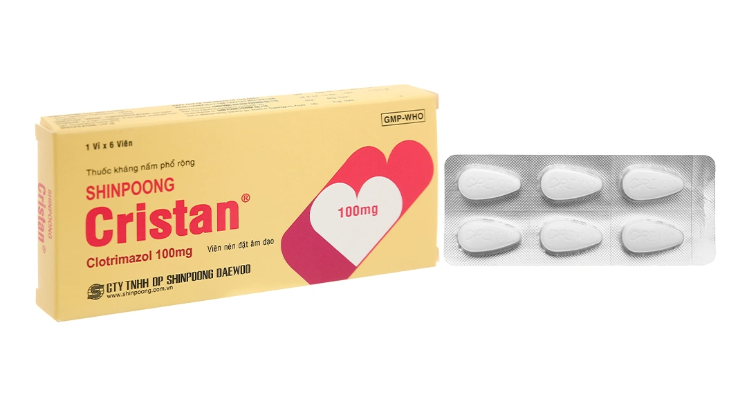 Viên đặt âm đạo Shinpoong Cristan 100mg trị nhiễm nấm âm đạo (1 vỉ x 6 viên) - 