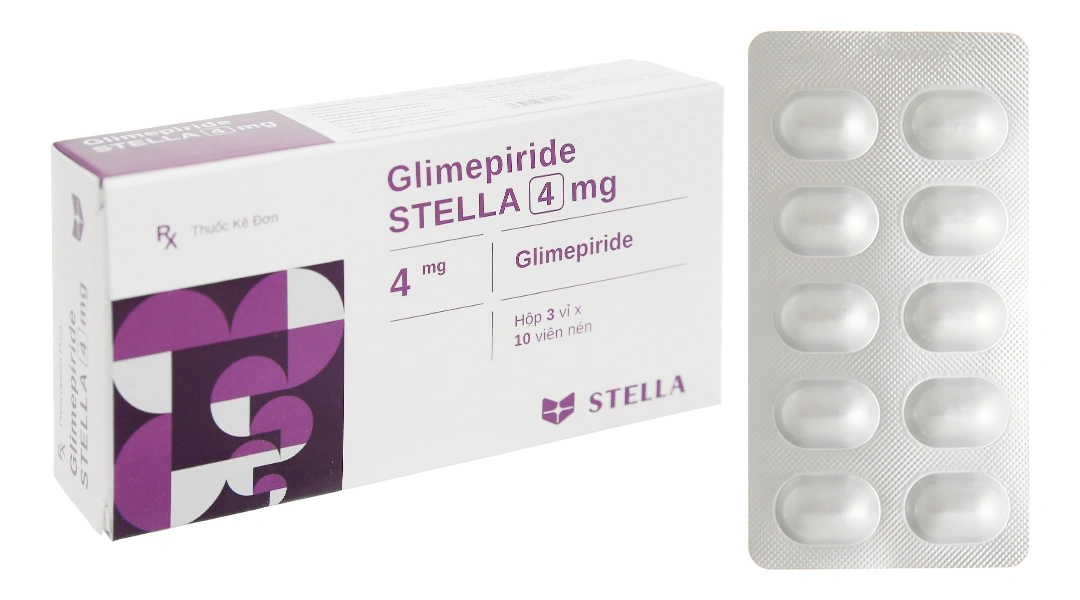 Glimepiride Stella 4mg trị đái tháo đường tuýp 2 (3 vỉ x 10 viên) - 